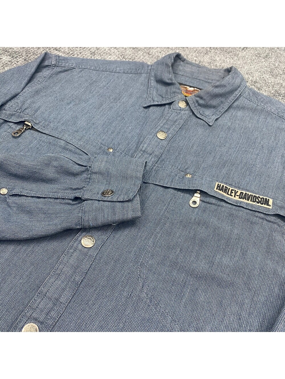 VTG Harley Davidson Embroidered Metal Button Snap Long Sleeve Shirt Mens L‎ Blue
